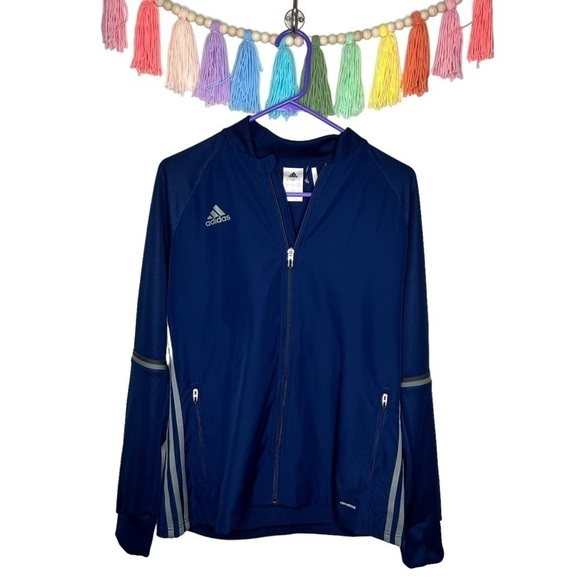 Adidas Navy Blue and Gray Grey Full Zip Up Long Sleeve Sporty Jacket Size Large - Picture 1 of 15